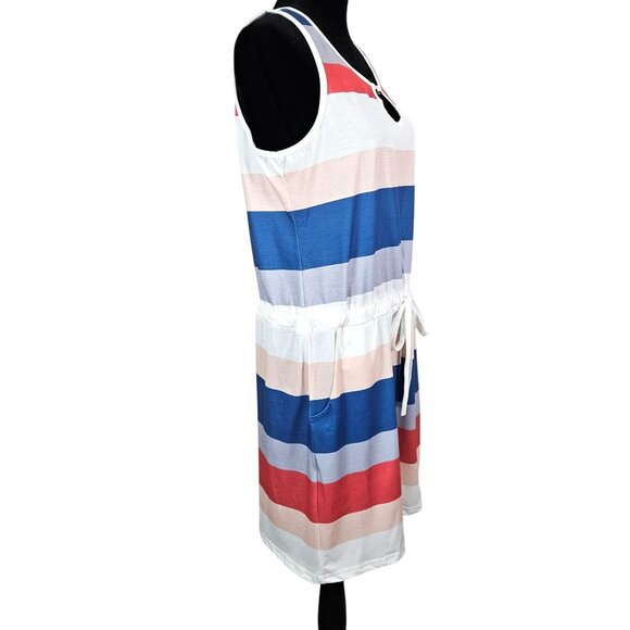Womens Striped Sleeveless Dress Keyhole Neck & Drawstring Waist Size M Casual - Picture 4 of 11